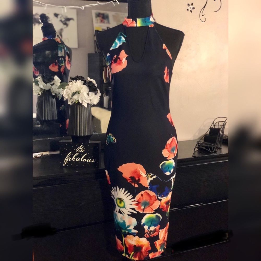 Vijo Couture Floral Midi Bodycon Dress